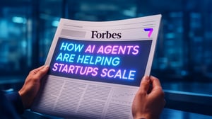 Newspaper front page with neon headline reading ‘How AI Agents Are Helping Startups Scale’, held by a person in a modern office setting.